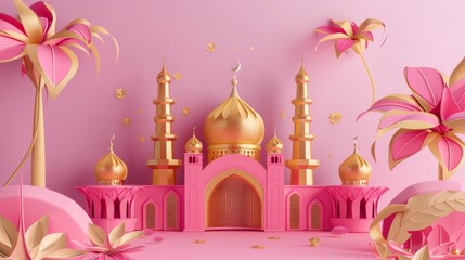 The Ramadan paper art fanoos are in fuchsia and golden color - obrazy, fototapety, plakaty