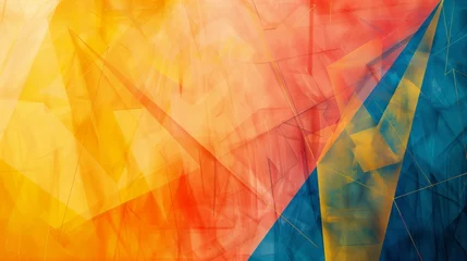 Fotobehang Stylish banner background with intersecting polygons and lines in vibrant yellow, orange, and blue hues, adding a touch of hipster flair © Naseem