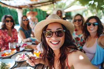 Happy Woman Selfie with Friends on Patio"Joyful Lunch Party"
