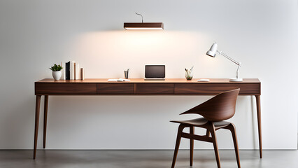Modern style office desk, desk lamp, office chair, open book, and computer screen