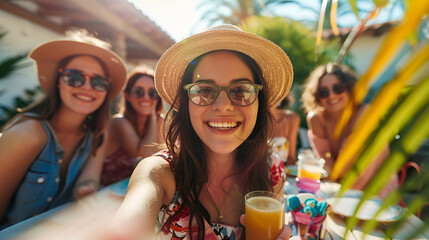 Happy Woman Selfie with Friends on Patio"Joyful Lunch Party"

