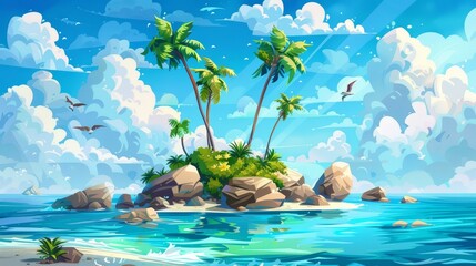 An island in the ocean, calm sea and palm trees under a blue sky, tranquil waters with rocks under a beautiful sky of clouds, modern illustration of a tropical island in the ocean, Cartoon modern - obrazy, fototapety, plakaty