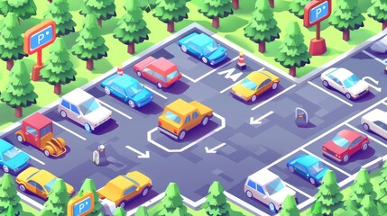A parking banner with a isometric illustration of cars, trees and road signs, including space for disabled people. A template for a landing page for a parking lot that shows the entrance and exit