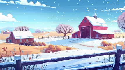 Agricultural landscape with barn and houses in winter. Modern illustration showing granary, road, fence, and white snow on trees and bushes. - obrazy, fototapety, plakaty