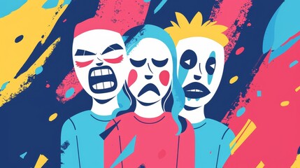 Personality banners with sad people dressed as happy masks concealing the faces of sad people. Impostor syndrome, hypocrisy, psychological help for men and women with identity issues.