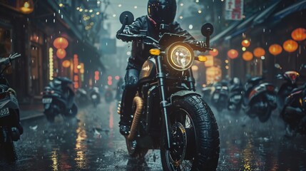 Man riding motorcycle down rain soaked street