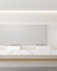 Two vessel sinks sit on a marble countertop in a modern bathroom, 3D illustration.