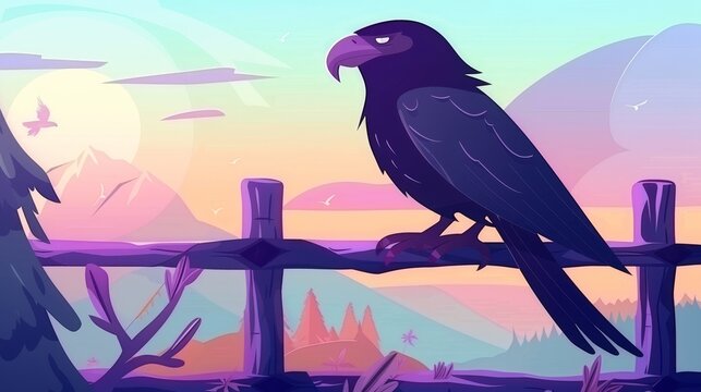Illustration of a black eagle, falcon, crow or hawk sitting on wooden railings at an outdoor terrace with mountain scenery. Wild bird predator on a beautiful natural rocky background.