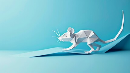 On a blue background, a paper art running mouse can be found - obrazy, fototapety, plakaty