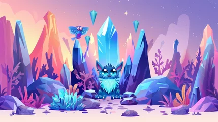 Foto auf Alu-Dibond Funny cartoon character fluffy cat with fairy wings. Strange beast or kitten animal, Modern illustration of alien or fantasy planet landscape with magic portal, rocks and trees around. © Mark