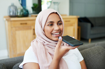 Woman, muslim and speaker phone for call in home, talk and conversation on mic for gossip on...