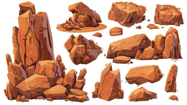 Rock elements found in deserts, cliffs and canyons in Africa, Mexico, Arizona, and Texas. Modern cartoon set of brown rubbles, rough boulders, sandstone arcs on white.