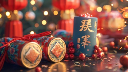 An image of a firecracker box and Chinese words welcoming the new year are on a spring couplet and a fortune telling message on a firecracker box for the lunar rat year.