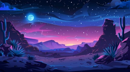 In the evening, a drought-sand land landscape with an aloe plant and mountains and stones is seen in Africa, Arizona, or Mexico. This modern illustration shows a desert scene at night.