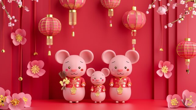 The Chinese text translation for this art piece: mouse, spring, fortune, pinky mice in folk costumes holding a doufang on red background with hanging lanterns and flowers, is a cute little mouse