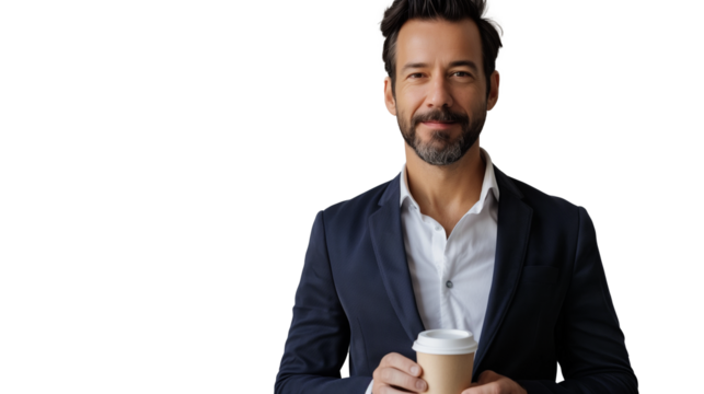 portrait of a smiling businessman holding a recyclable cup of coffee isolated on transparent background, business person cutout 