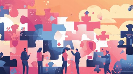 Business teambuilding, partnership and cooperation concept with abstract geometric shapes. Teamwork process, brainstorming and creative communication. Modern illustration.