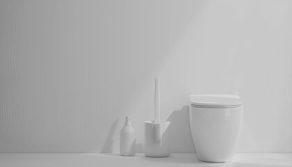 Fototapeta na wymiar Ceramic toilet bowl and brush near a white wall
