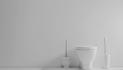 Ceramic toilet bowl and brush near a white wall - obrazy, fototapety, plakaty