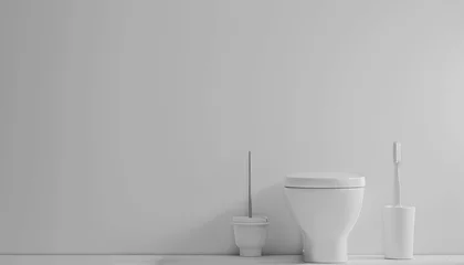 Fotobehang Ceramic toilet bowl and brush near a white wall © Oleksiy