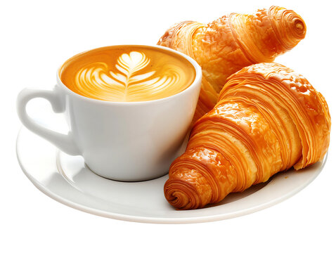 a cup of coffee with croissant on plate isolated on transparent background - Powered by Adobe