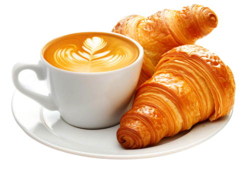 a cup of coffee with croissant on plate isolated on transparent background - Powered by Adobe