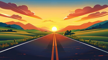 At sunset, a road goes along green fields as the sun sets behind the hills, while the sky is orange with puffy red clouds in the distance. Cartoon illustration of an empty asphalted highway going - obrazy, fototapety, plakaty