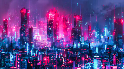 Futuristic Cityscape at Night, Neon Lights and Skyscrapers, Abstract Urban Background with Digital Concept