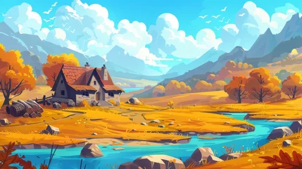  Autumn countryside. Stone farm house, farm fields, river and mountains, cottage with woodpile on lake coast in fall. Modern cartoon illustration. © Mark