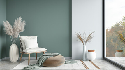 Serene interiors with a minimalist design and natural window light. Interior design composition in light green color