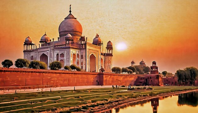 Wallpaper texted Taj Mahal in Agra, Uttar Pradesh, India.  double exposure contemporary style minimalist artwork collage 