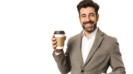 portrait of a smiling businessman holding a recyclable cup of coffee isolated on transparent background, business person cutout