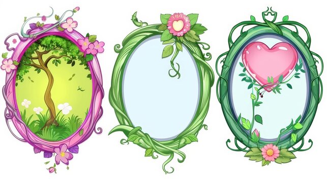 Isolated graphic elements in a cartoon circle, with empty borders, with elegant fantasy circles with curved ornate rims, with a tree branch decorated with flowers, hearts and twisted decorations.