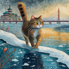 얼어붙은 물 위를 걸어다니는 고양이 - obrazy, fototapety, plakaty