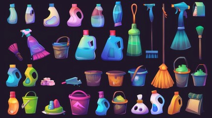 Set of brushes, soap, brooms, gloves, and household chemicals. Bottles of household chemicals, washing powder, buckets, dustpans, and irons. - obrazy, fototapety, plakaty