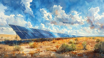 Transport yourself into the realm of watercolor artistry showcasing engineers at work, installing solar panels. - obrazy, fototapety, plakaty
