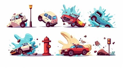 Car crash, road accidents. Broken vehicles after collision, car hits water hydrant, automobile flips on roof, modern cartoon set on white background. - obrazy, fototapety, plakaty
