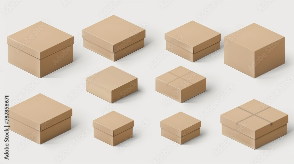 Poster the realistic 3d modern mock up set features a craft eco package, a brown square carton parcel conta