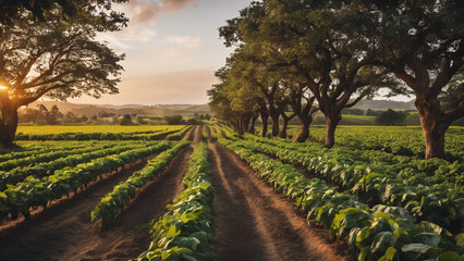 Agriculture harvest coffe farmland under sunset sky