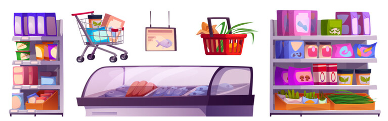 Naklejka premium Grocery store aisle interior inside vector cartoon. Supermarket shelf and refrigerator for food. Basket, cart and fridge showcase for fish meat and vegetable to sell. Indoor mall furniture design set