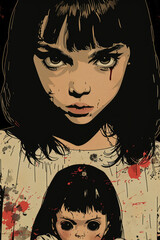 create a t-shirt design of a creepy looking asian young girl holding a doll. The girl has shoulder length black hair with blunt bangs.  She has an evil look in her eyes,generative ai