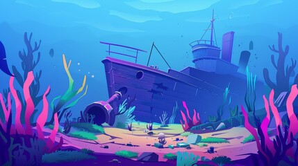 A sunken steamboat with pipes lying on the ocean floor covered with coral and rocks. An antique vessel covered in green seaweeds. Cartoon background, navy scene, cartoon game. - obrazy, fototapety, plakaty