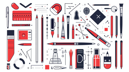 Digital design tools thin red and black line icons set