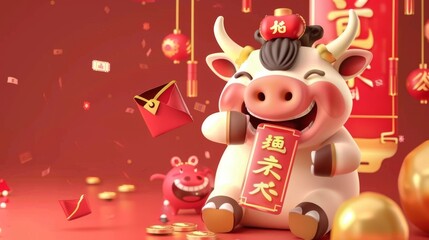 Symbol of the Chinese zodiac sign ox, sending a red envelope online via smartphone in celebration of Chinese New Year in 2021.
