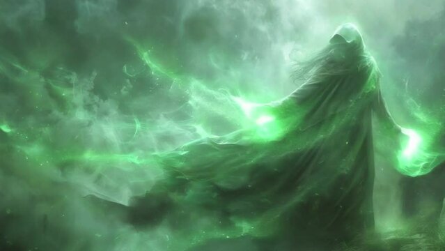 A woman in a green robe is casting a spell, surrounded by green smoke 4K motion