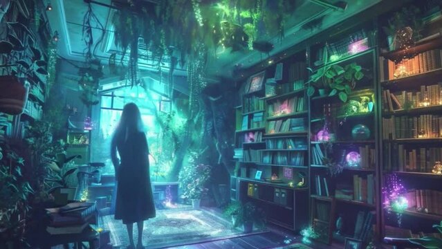 A woman stands in a room with a lot of books and plants 4K motion