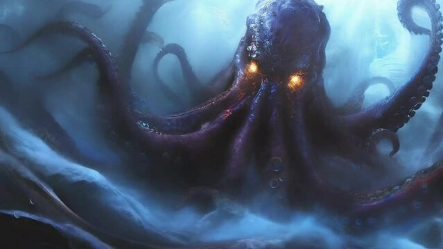 A large octopus is swimming in the ocean with its tentacles outstretched 4K motion