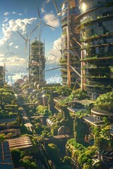 Obraz premium A solarpunk commercial area where all buildings are equipped with smart glass and vertical farms, set against a backdrop of clean energy windmills