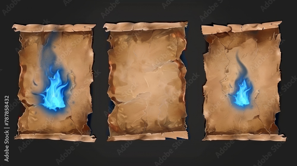 Poster the charred edges of an ancient manuscript are smoldering with blue fire on top of charred paper she