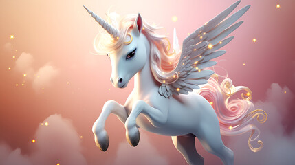 Majestic PinkWinged unicorn at Sunset imagination handmade with blurred background
